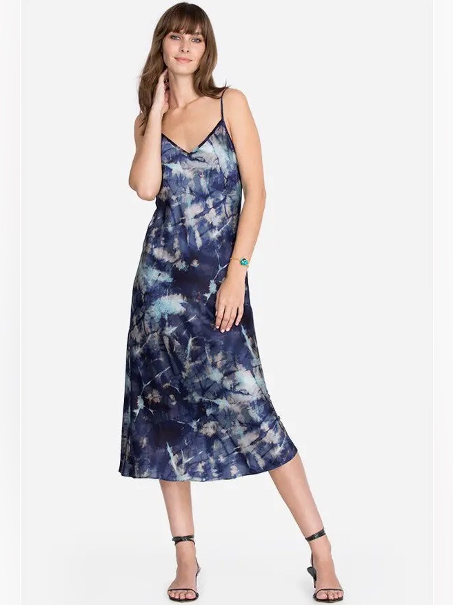 Euc Johnny Was Moonlight Silk Midi Slip Dress Rare Blue Aqua & Silver Tie Dye Xl